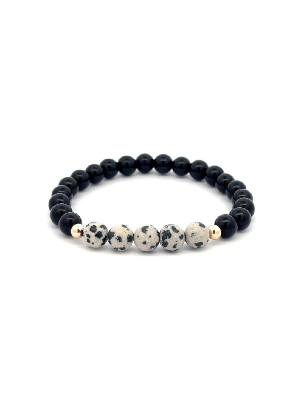 Natural Dalmatian Jasper Onyx 14K Solid Gold Beads Stretch Bracelet